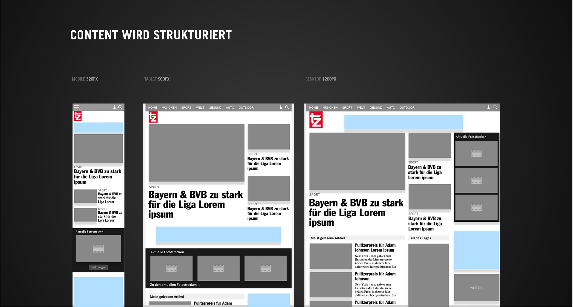 TZ - Nachrichtenportal | User Experience Design - Wireframes TZ - Nachrichtenportal | User Experience Design - Wireframes | Content wird strukturiert