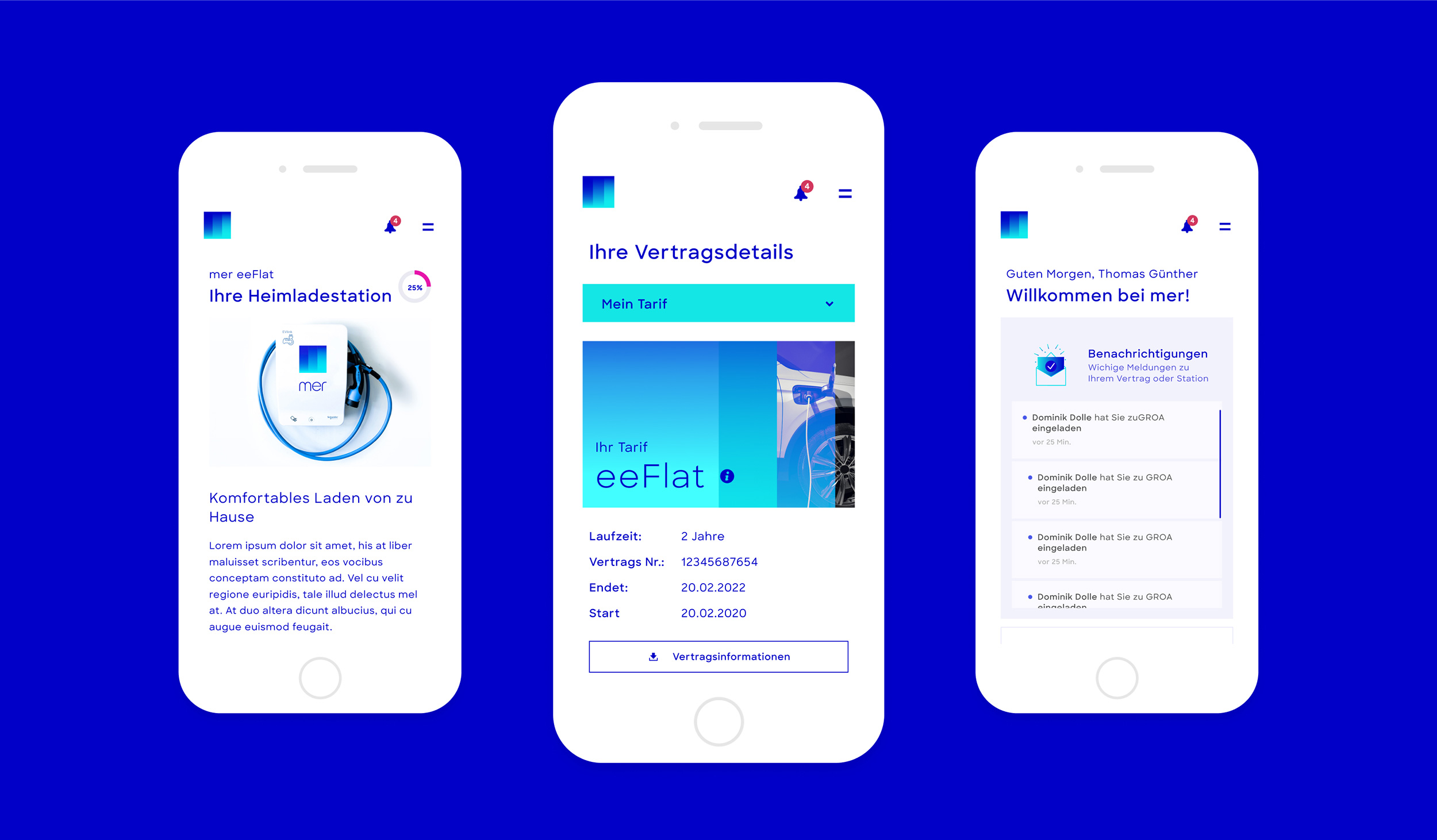 Mockup App MER Mockups der Screens zur Ladestation, den Vertragsdetails und dem Dashboard
