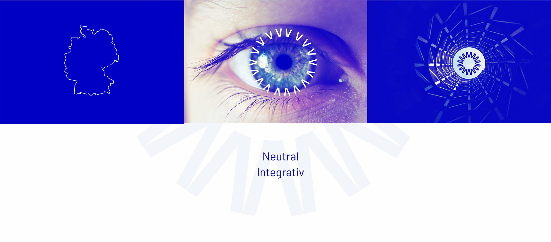 Neutral und Integrativ als Werte von VIDIS Umrisse Deutschlands, ein Auge und ein Zentrum für die Werte von Vidis.